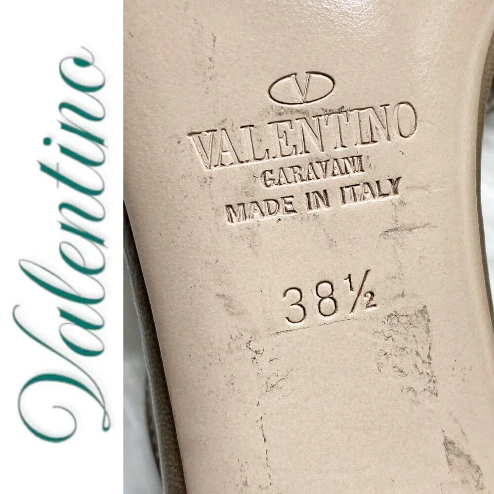 VALENTINO Vintage Taupe Leather Ruffle Accent Open Toe Stiletto Heels, Size 38.5